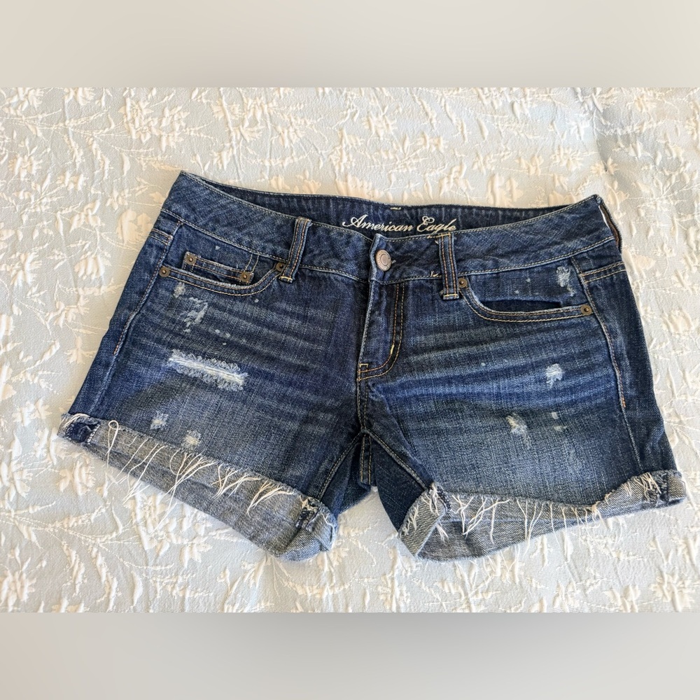 American Eagle Outfitters Dark Blue Distressed Denim Cutoff Shorts
